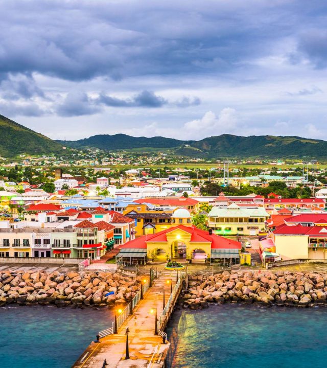 Basseterre, St. Kitts and Nevis town skyline at the port.